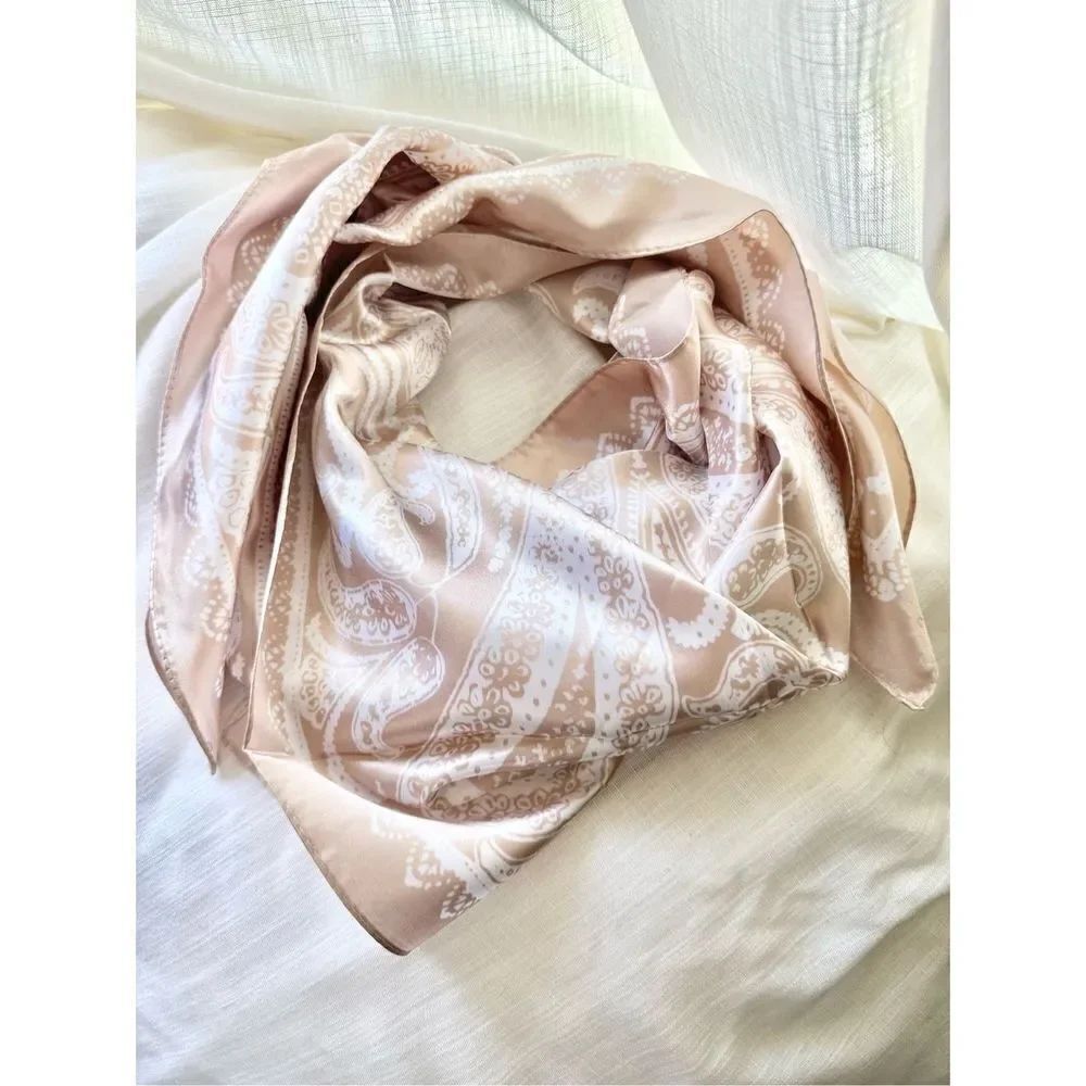 Light beige pink with white Paisley and polkadot pattern scarf